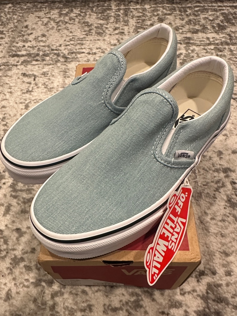 Vans Slip-On Canvas Sneakers in Denim (Blue/True White) Y2K retro.